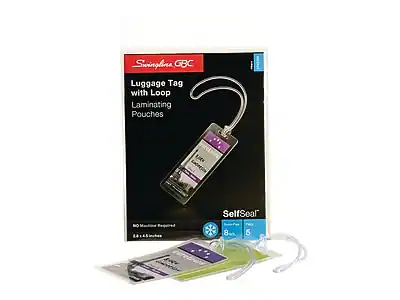 Swingline GBC
Luggage Tag with Loop
Laminating Pouches
SelfSeal
No Machine Required
8 x 5 inches
5 Pouches