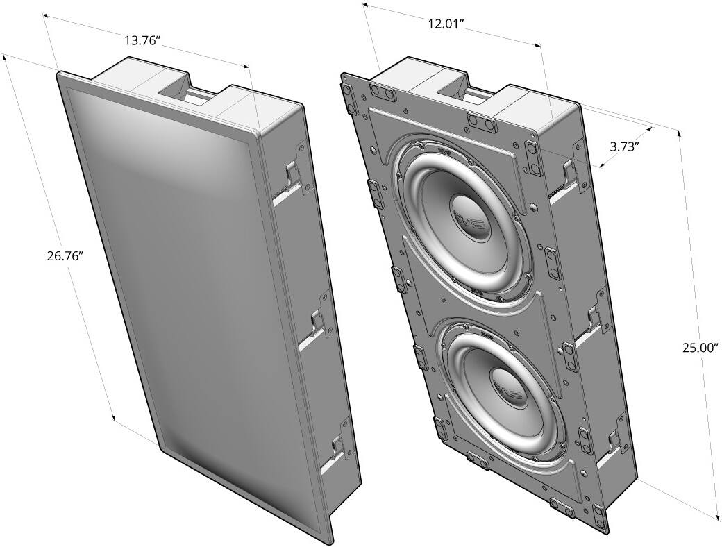 The text on the image reads: 13.76" 12.01" 3.73" E 26.76" 25.00". This information is likely related to the dimensions of the speaker enclosure. The first measurement, 13.76", is the height of the speaker enclosure. The second measurement, 12.01", is the width of the speaker enclosure. The third measurement, 3.73", is the depth of the speaker enclosure. The fourth measurement, 26.76", is the height of the speaker enclosure. The fifth measurement, 25.00", is the width of the speaker enclosure.