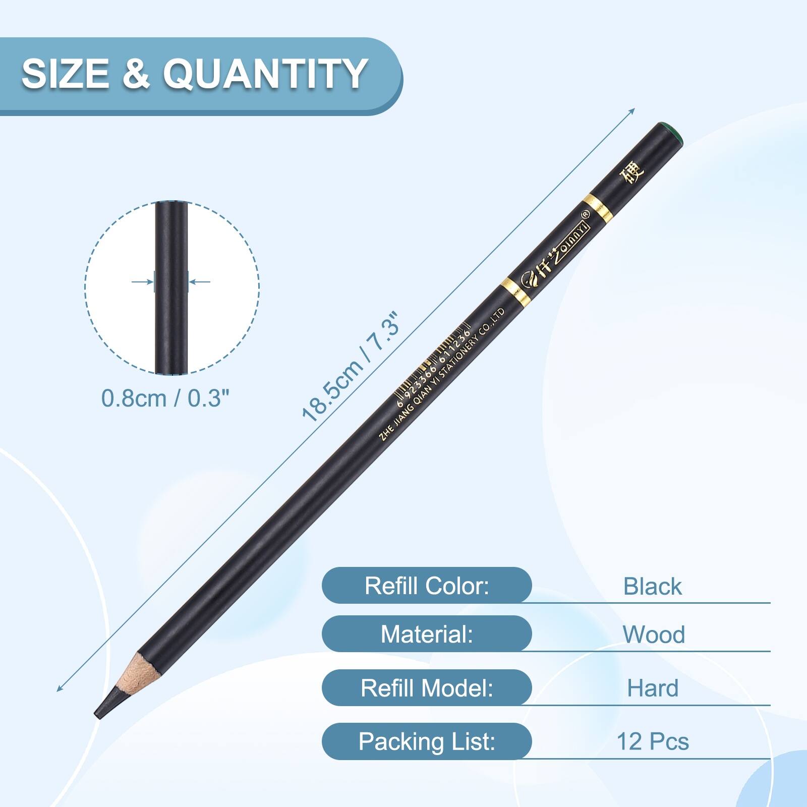SIZE & QUANTITY

0.8cm / 0.3" / 0.3"  
18.5cm / 7.3"  

Refill Color: Black  
Material: Wood  
Refill Model: Hard  
Packing List: 12 Pcs