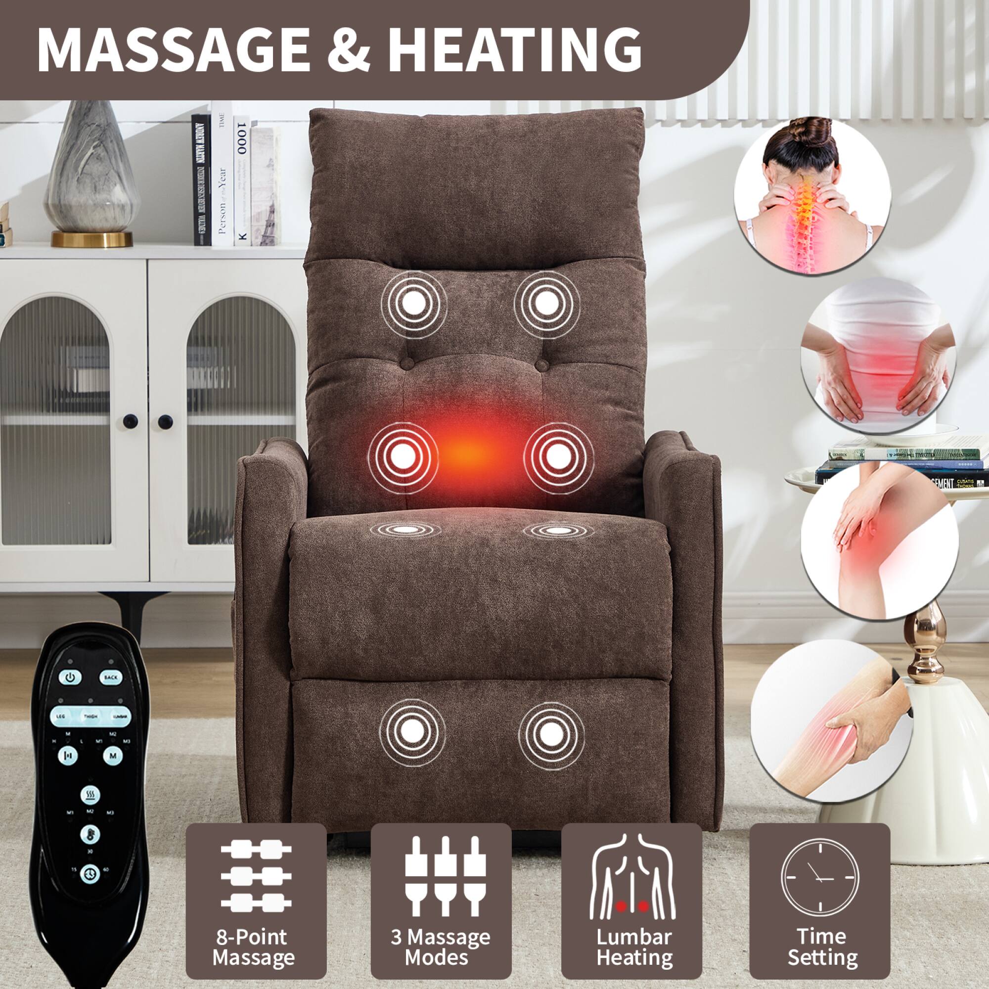MASSAGE & HEATING

MASSAGE & HEATING KDO 6 - d I Year Persen : 1000 A CIMENT a C .... -.. ! I - - - - T - 1 - - - - E 8-Point Massage 3 Massage Modes Lumbar Heating Time Setting

8-Point Massage  
3 Massage Modes  
Lumbar Heating  
Time Setting