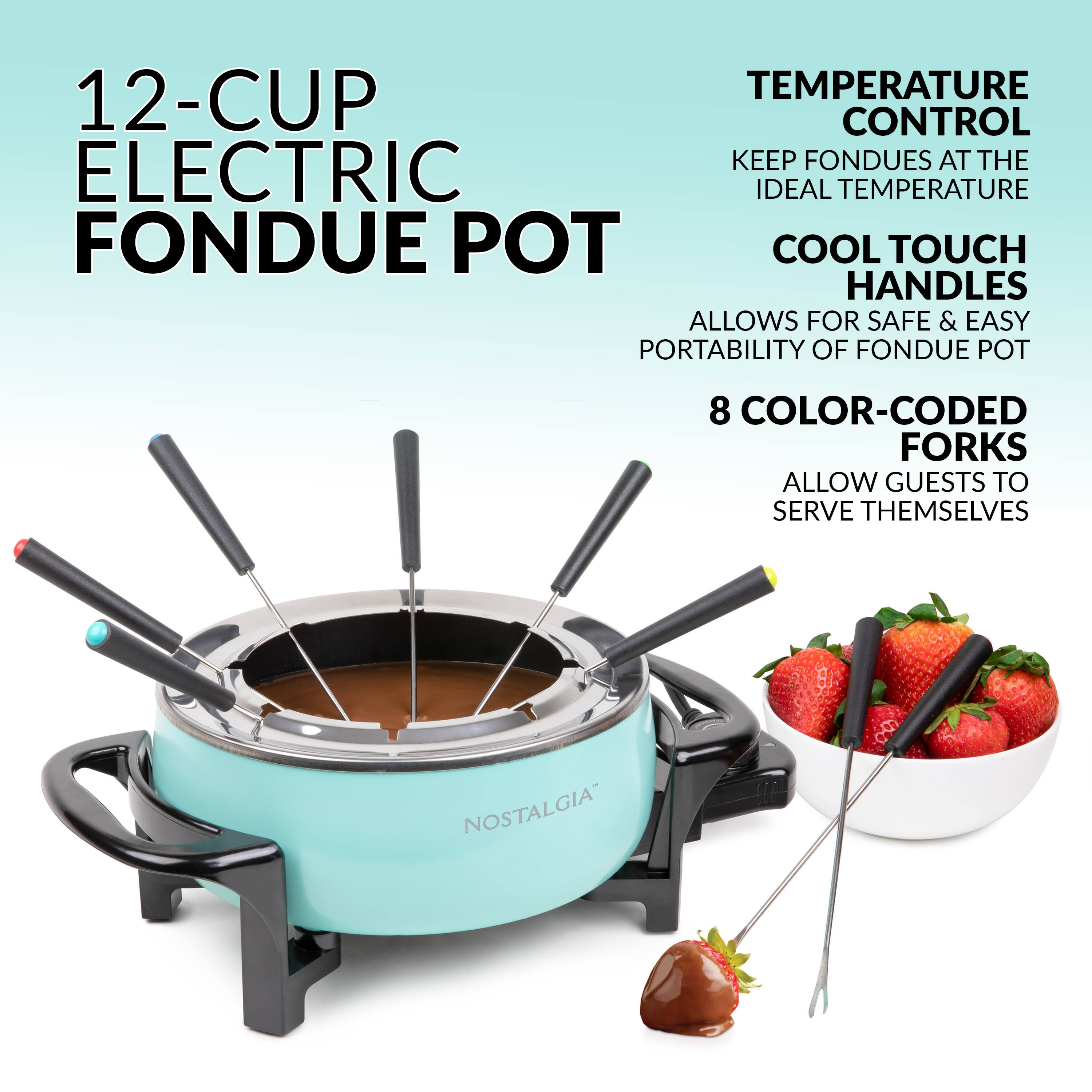 12-CUP ELECTRIC FONDUE POT

TEMPERATURE CONTROL
KEEP FONDUES AT THE IDEAL TEMPERATURE

COOL TOUCH HANDLES
ALLOWS FOR SAFE & EASY PORTABILITY OF FONDUE POT

8 COLOR-CODED FORKS
ALLOW GUESTS TO SERVE THEMSELVES

NOSTALGIA
