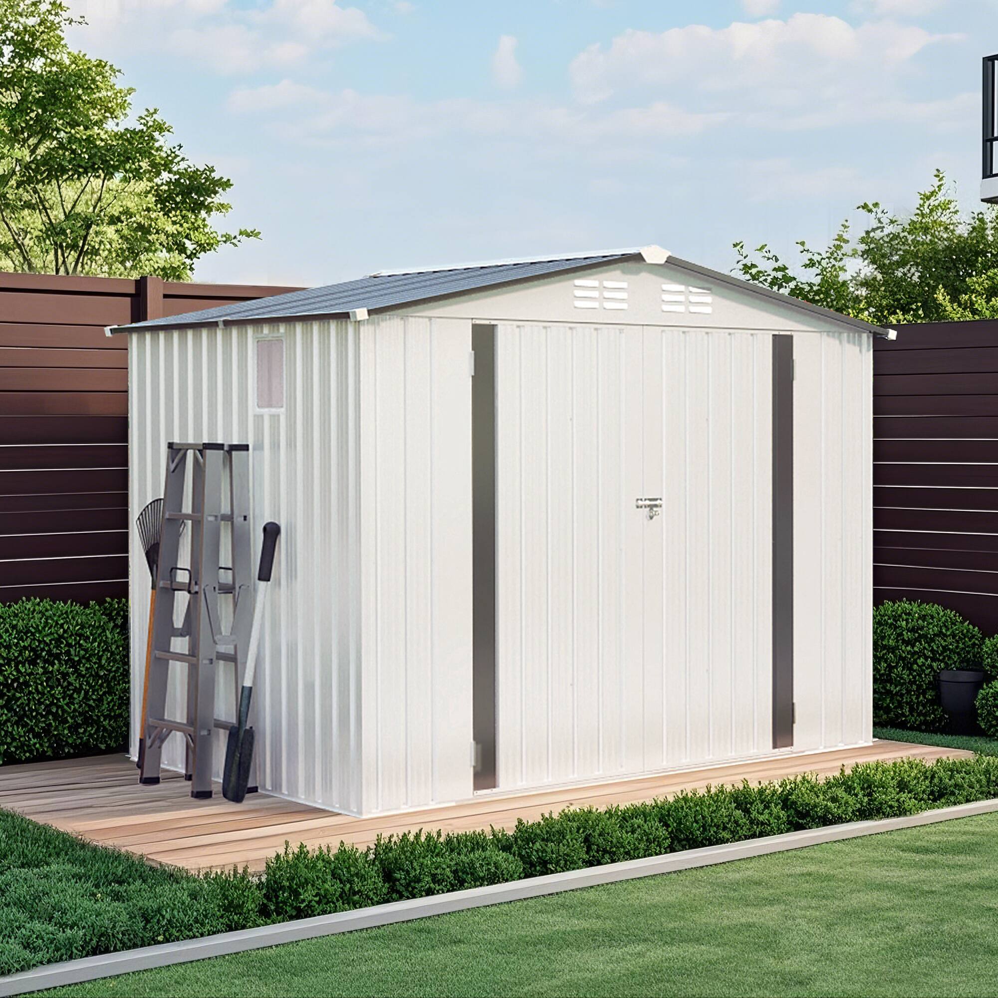 Angle. Mondawe - 8X6 FT Metal Outdoor Storage Shed with Pitched Roof,Side Window and Lockable Door - White+gray.
