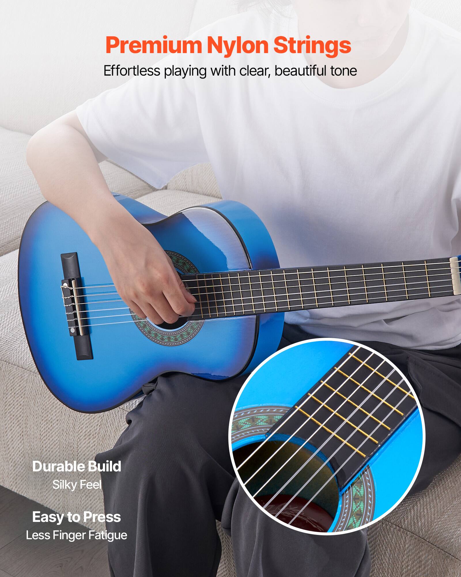 Premium Nylon Strings  
Effortless playing with clear, beautiful tone  

Durable Build  
Silky Feel  
Easy to Press  
Less Finger Fatigue