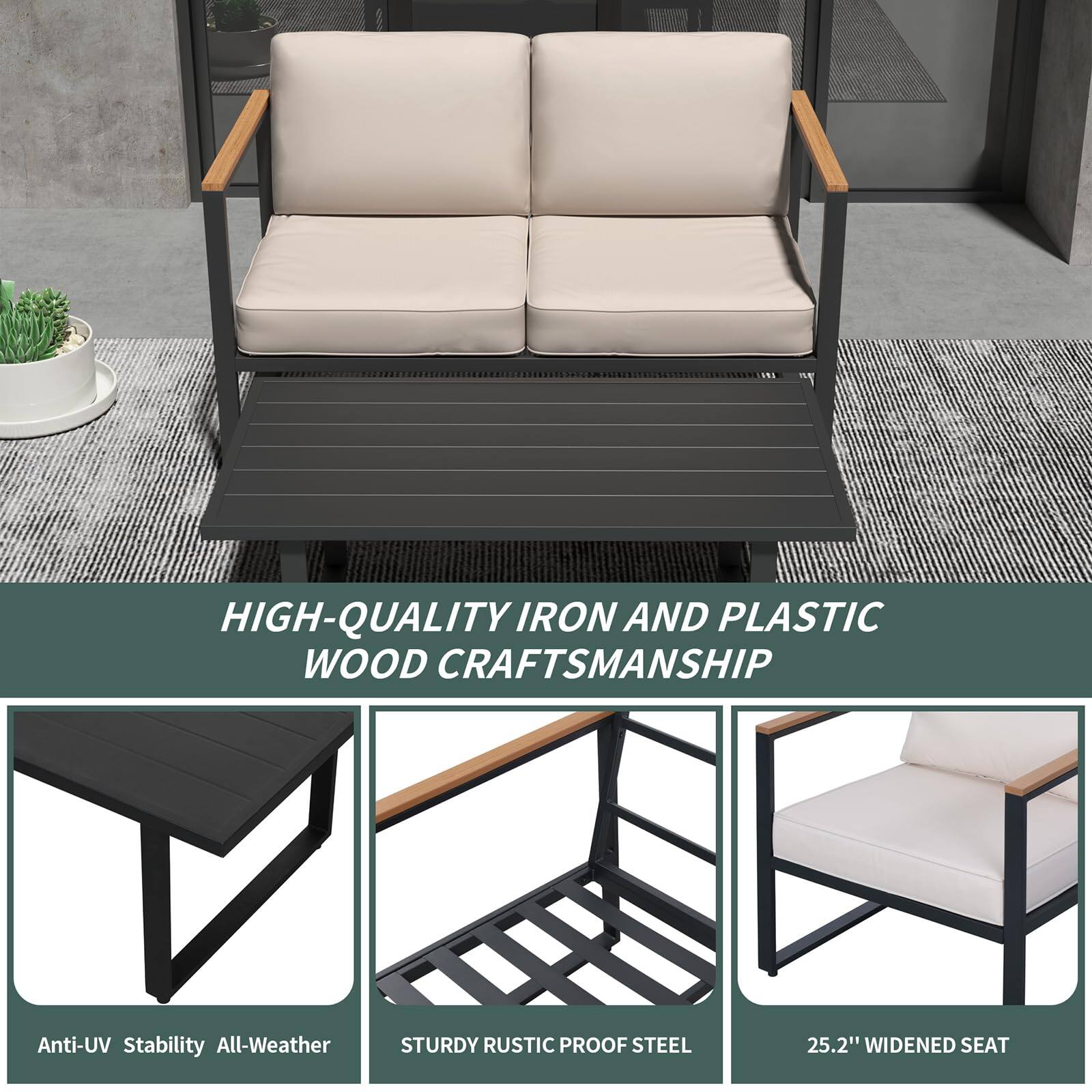 HIGH-QUALITY IRON AND PLASTIC WOOD CRAFTSMANSHIP

Anti-UV Stability All-Weather

STURDY RUSTIC PROOF STEEL

25.2" WIDENED SEAT