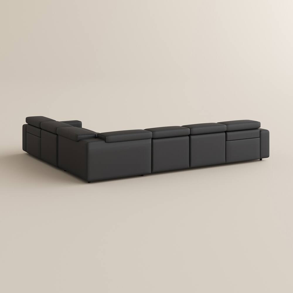 Alt View 10. POVISON - 141.14" Power L Shape Recliner Couch With 2 Recliner Seats,  USB/Type C Charging Port, Adjustable Headrest, Khaki - Black Sustainable Leather.