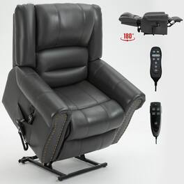 LUCKY ONE - Faux Leather Dual Motor Power Lift Recliner Chair with Massage and Heat, USB, Side Pocket, Infinite Position - Gray