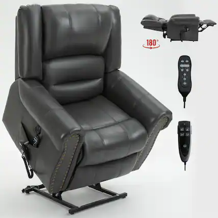 Front. LUCKY ONE - Faux Leather Dual Motor Power Lift Recliner Chair with Massage and Heat, USB, Side Pocket, Infinite Position - Grey.