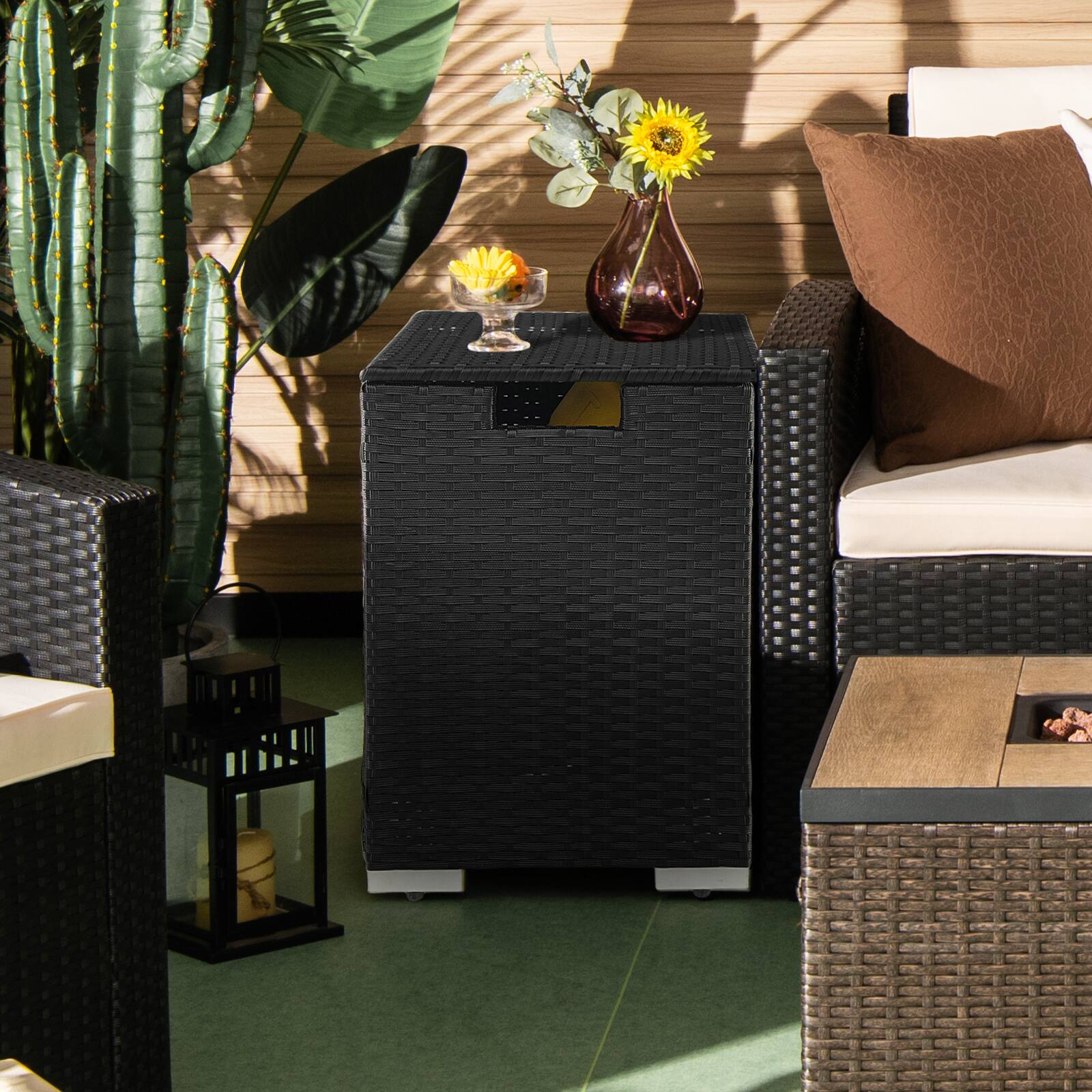 Alt View 4. Gymax - Gymax 16'' Rattan Propane Tank Cover Hideaway Side Table 20 lbs Propane Gas Holder - Black.