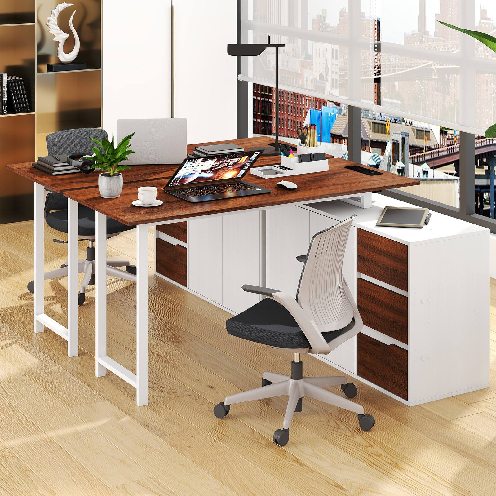 Alt View 4. Costway - Costway 54.5" L-Shaped Computer Desk with File Cabinet, 3 Drawers & Charging Station - Brown & White.