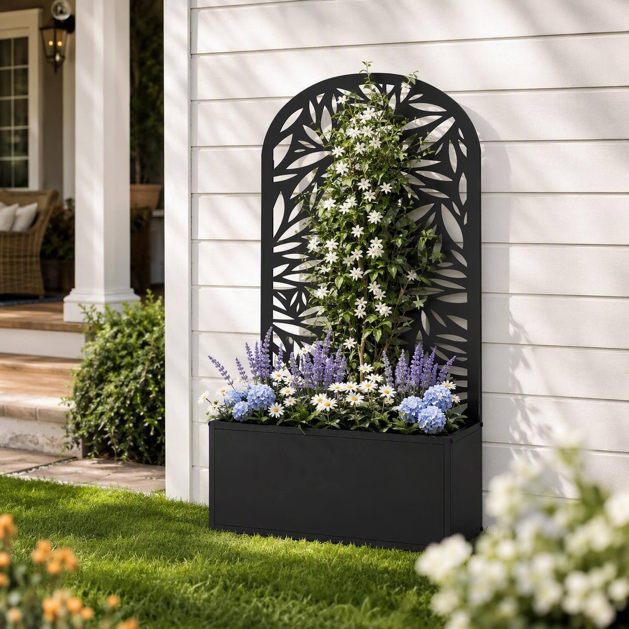 Angle. RYHNUYNE - Metal Raised Garden Bed with Curved Leaf Trellis Privacy Panel, 24x9.1x44.5 Inch Black Planter Box for Wall Mount - Black.