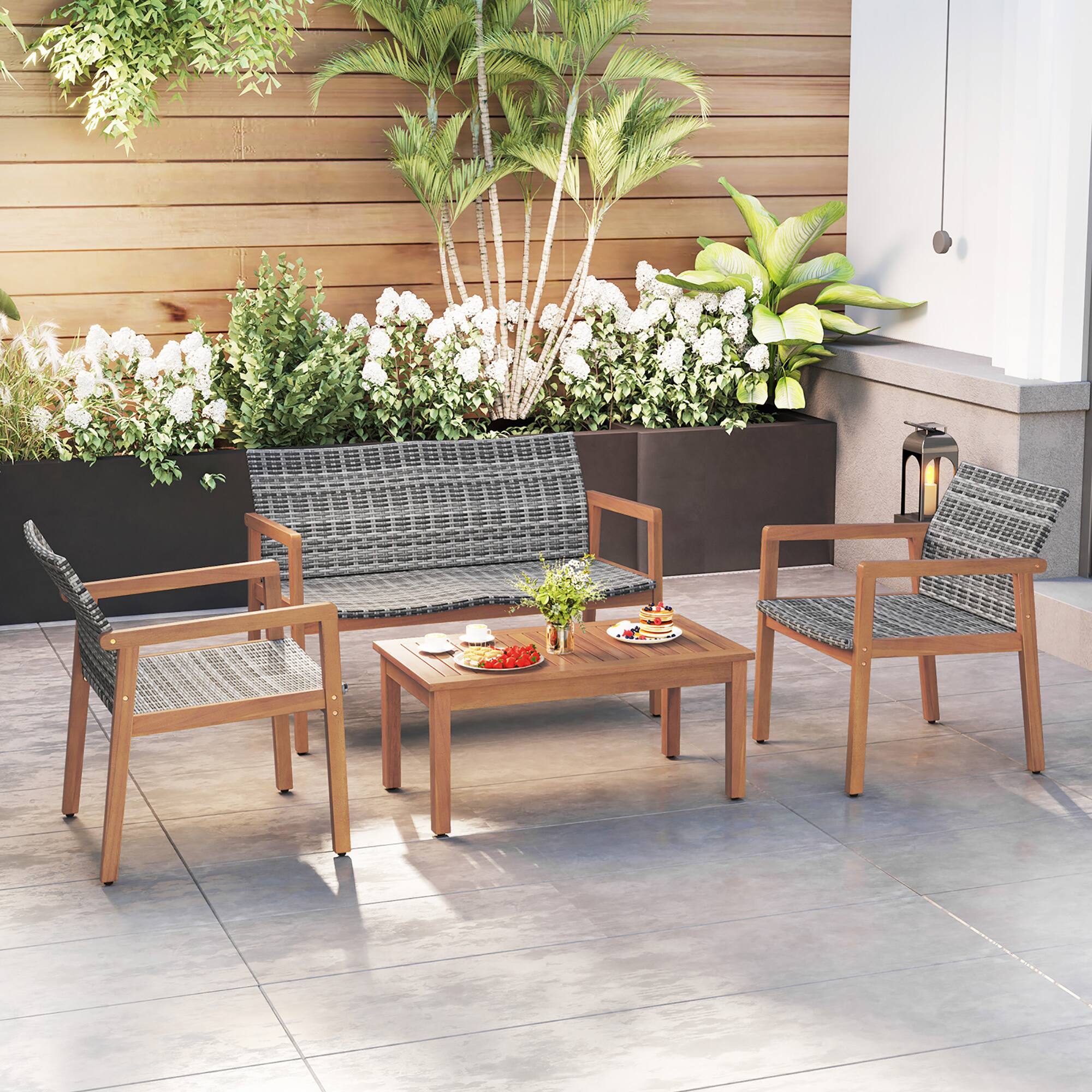 Alt View 1. Gymax - Gymax 4 Pieces Outdoor Furniture Set Acacia Wood Frame Sofa Set w/ Rattan Seat - Mix Gray.