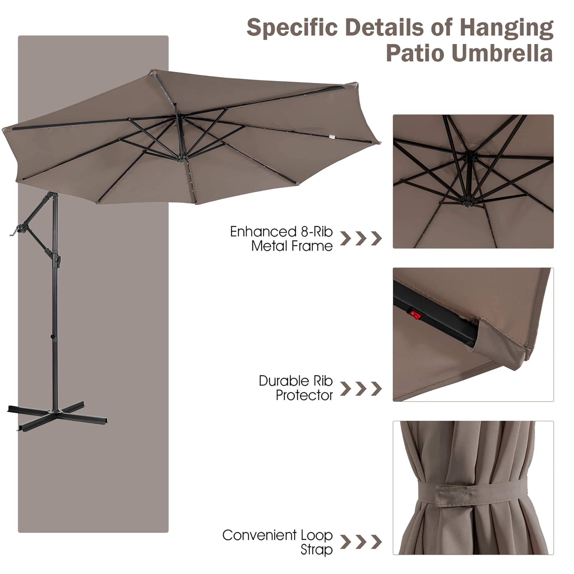 Specific Details of Hanging Patio Umbrella: Enhanced 8-Rib Metal Frame, Durable Rib Protector, Convenient Loop Strap.