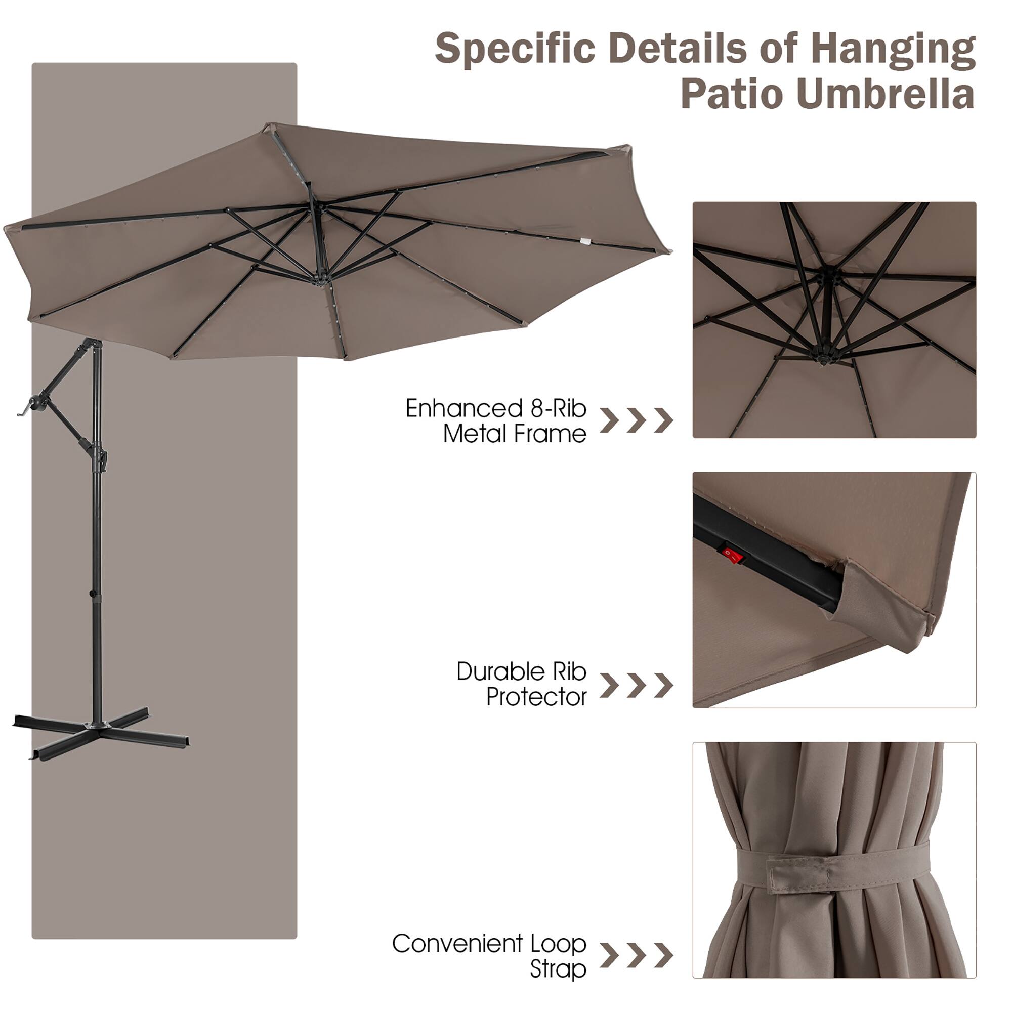 Specific Details of Hanging Patio Umbrella: Enhanced 8-Rib Metal Frame, Durable Rib Protector, Convenient Loop Strap.