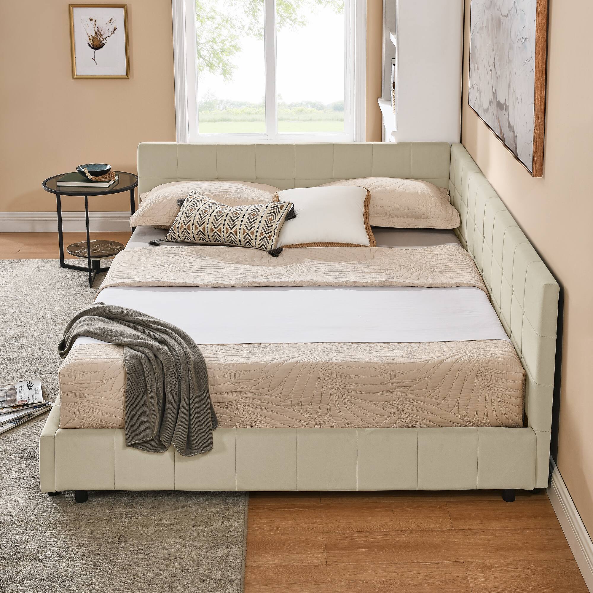 Angle. Anysun - Queen Velvet Tufted Sofa Bed Frame - with Comfortable Backrest & Armrests for Bedroom or Living Room - Beige.