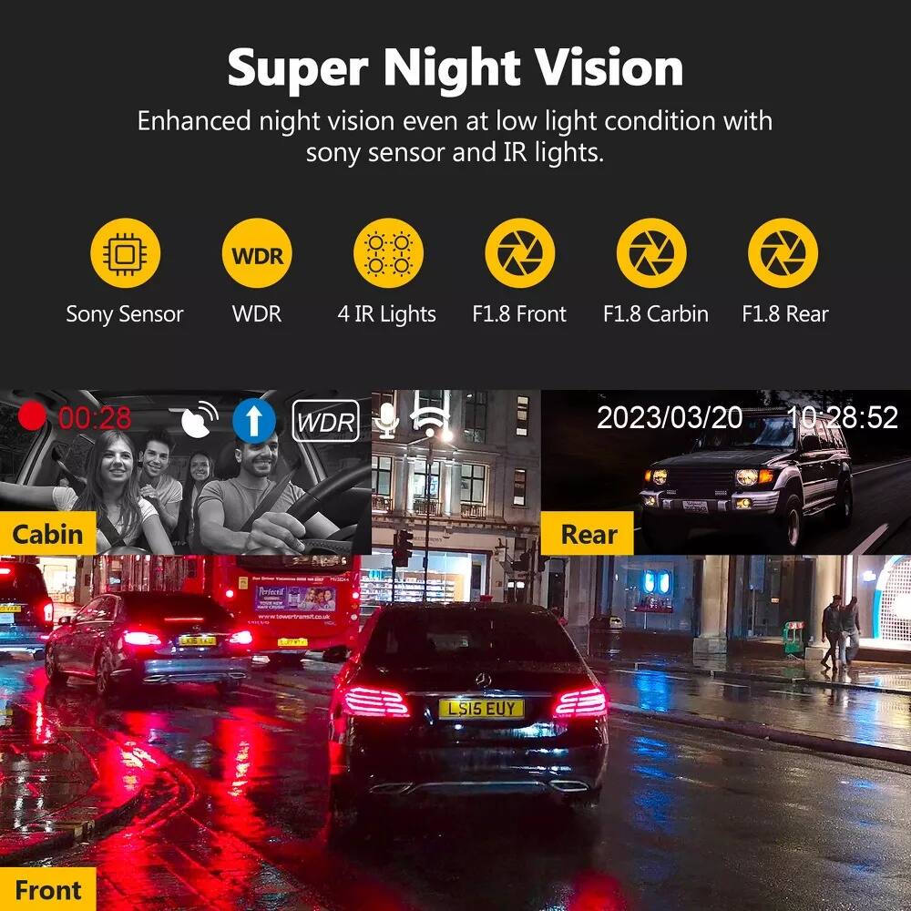 Super Night Vision, Enhanced night vision even at low light condition with sony sensor and IR lights. WDR, Sony Sensor, WDR, 4 IR Lights, F1.8 Front, F1.8 Carbin, F1.8 Rear, 00:28, WDR, 2023/03/20, 10:28:52, Cabin, Rear, Front.