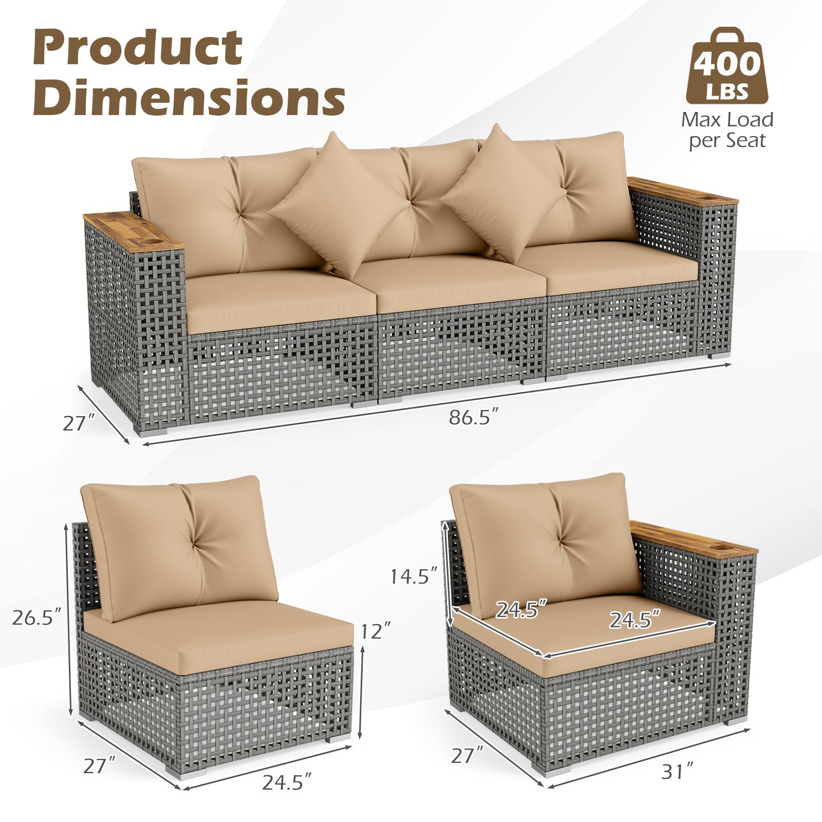 Product Dimensions  
400 LBS Max Load per Seat  
27"  
86.5"  
26.5"  
14.5"  
12"  
24.5"  
24.5"  
27"  
24.5"  
27"  
31"
