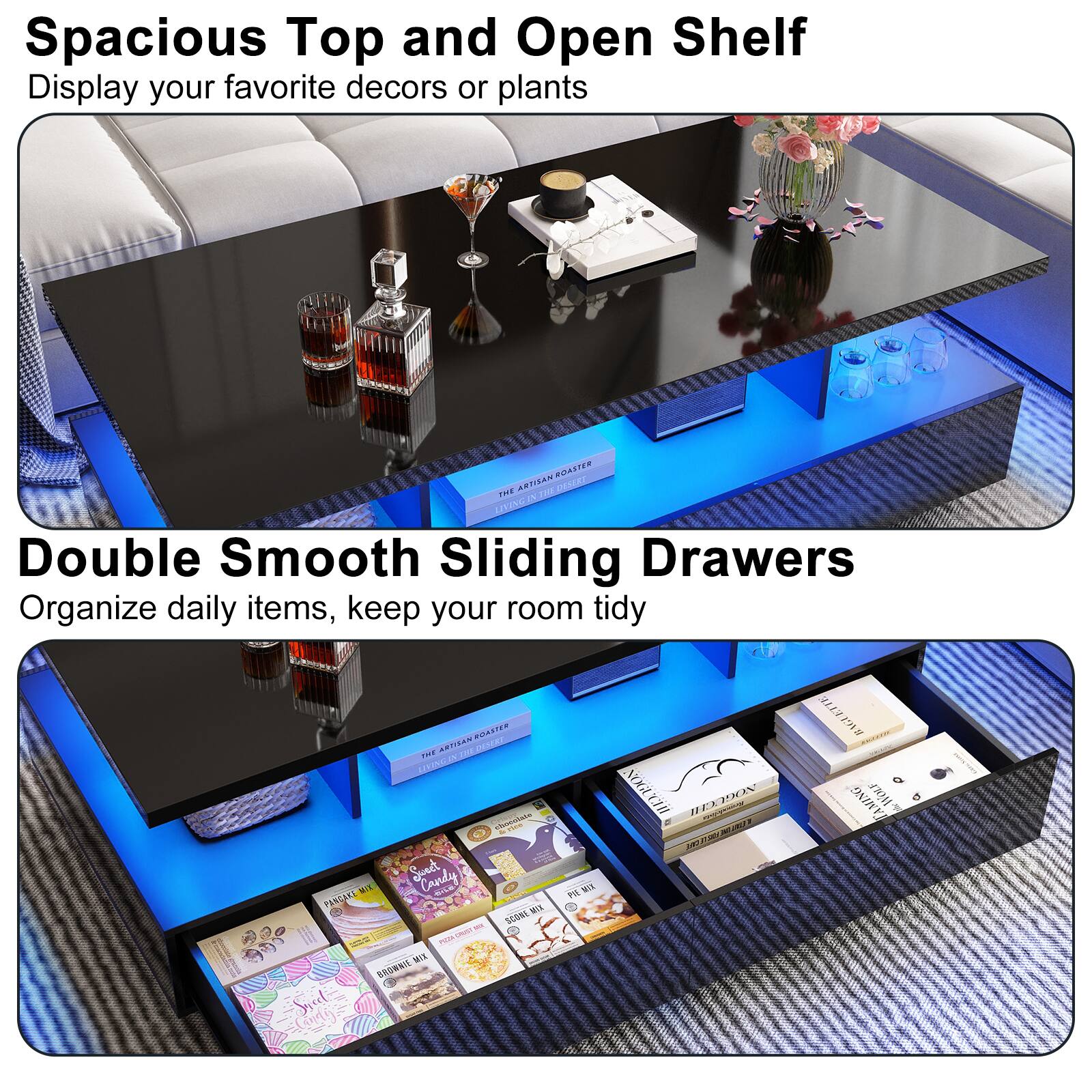 Spacious Top and Open Shelf  
Display your favorite decors or plants  

Double Smooth Sliding Drawers  
Organize daily items, keep your room tidy