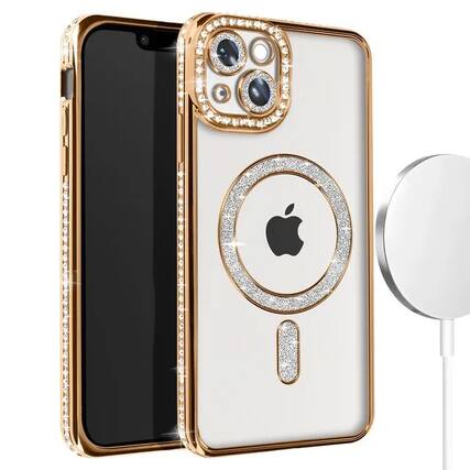 Front. Entronix - Entronix Magnetic Case for iPhone 14 Plus - Clear Back with Luxury Rhinestones - Gold.