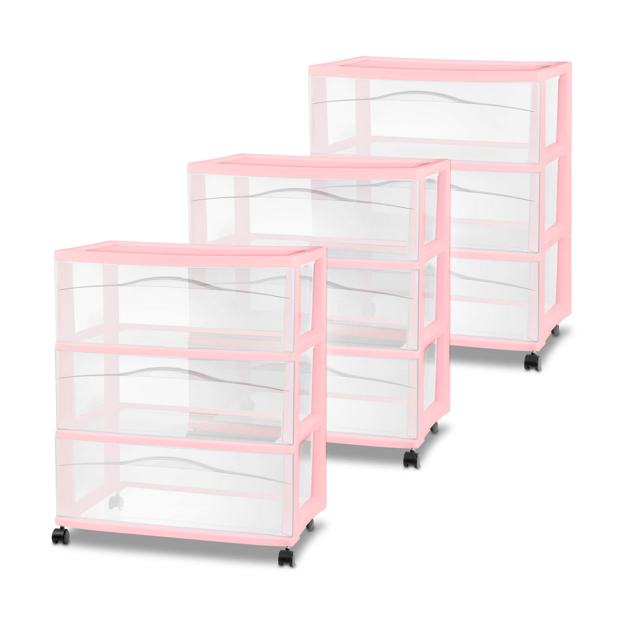 Sterilite - Wide 3 Drawer Storage Cart, Plastic Rolling Organization, 3 Pack - Pink