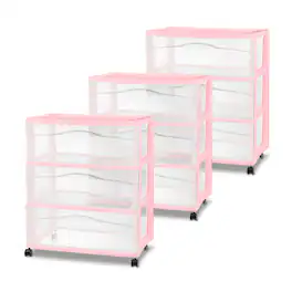 Sterilite - Wide 3 Drawer Storage Cart, Plastic Rolling Organization, 3 Pack - Pink
