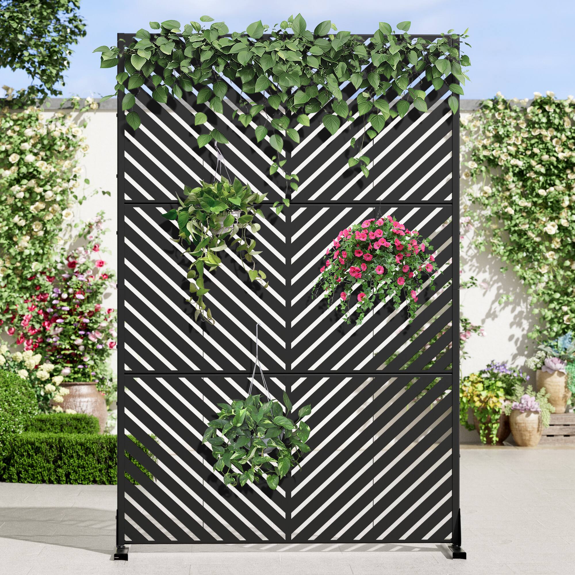 Alt View 1. PexFix - 72 in. x 47 in. Parallel Pattern Metal Outdoor Privacy Screen & Panels, Freestanding Garden Divider Fence - Black.