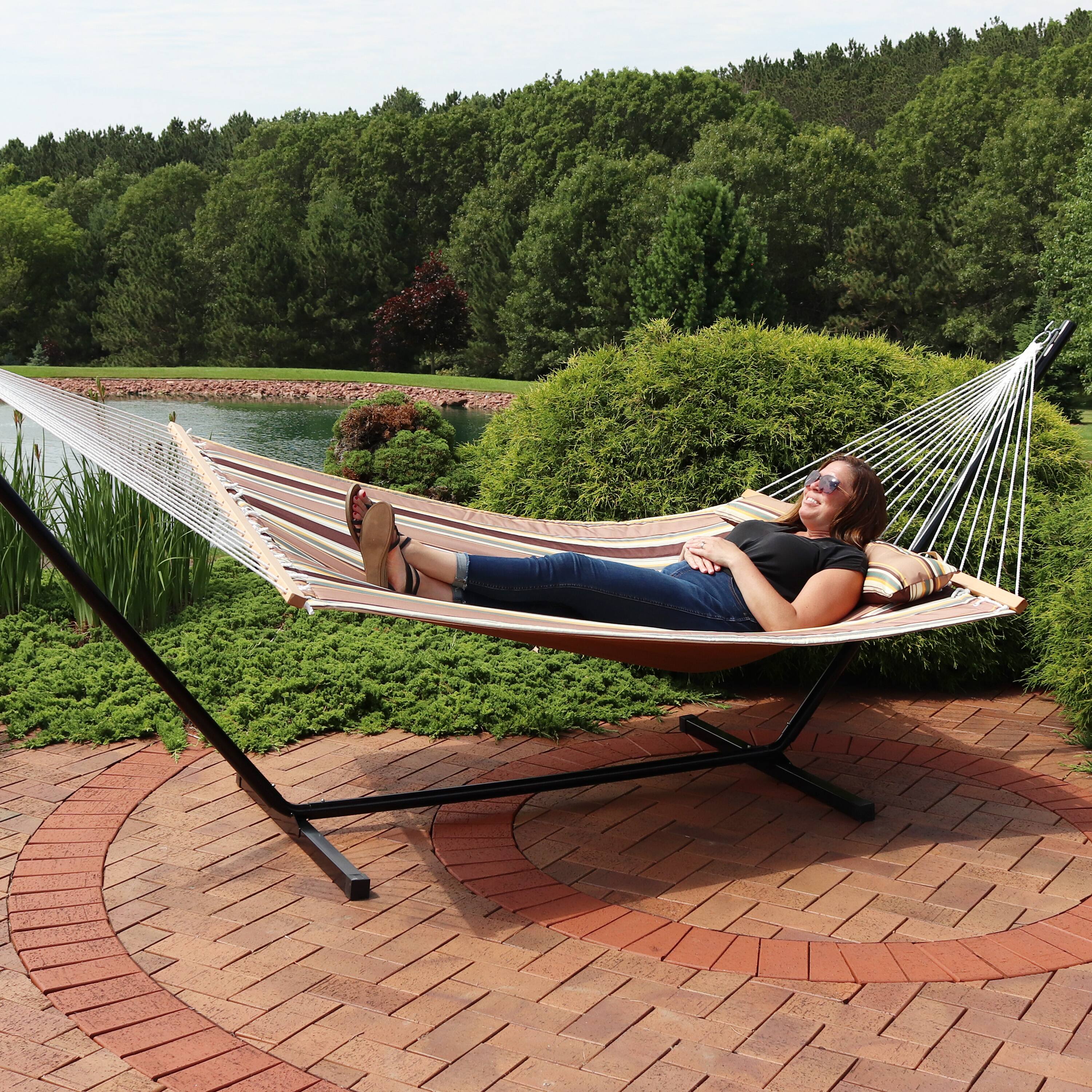 Alt View 8. Sunnydaze - 2-Person Quilted Fabric Hammock with Spreader Bars - Sandy Beach.