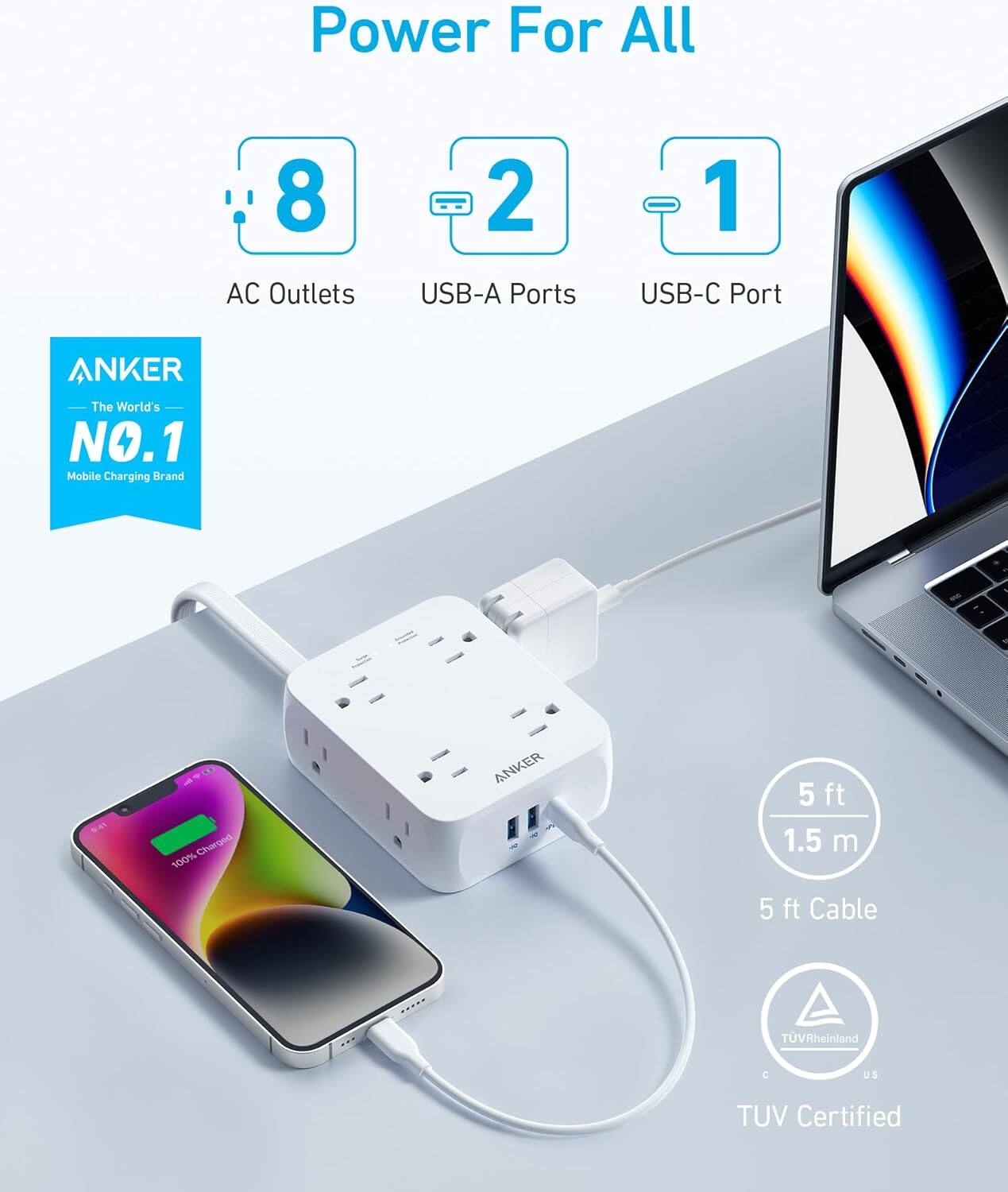 Power For All  
8 AC Outlets  
2 USB-A Ports  
1 USB-C Port  

ANKER  
The World's NO.1 Mobile Charging Brand  

5 ft / 1.5 m Cable  
TUV Rheinland C US TUV Certified
