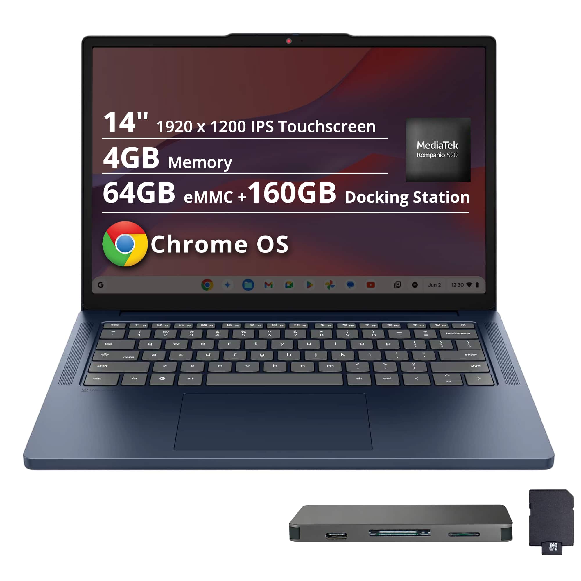 Lenovo - IdeaPad Slim 3 Chromebook - 14" 2K Touchscreen Laptop - MediaTek Kompanio 540 2025 - 4GB Memory - 64GB eMMC - Blue