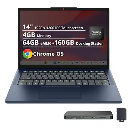 14" 1920 x 1200 IPS Touchscreen
MediaTek Kompanio 520
4GB Memory
64GB eMMC + 160GB Docking Station
Chrome OS