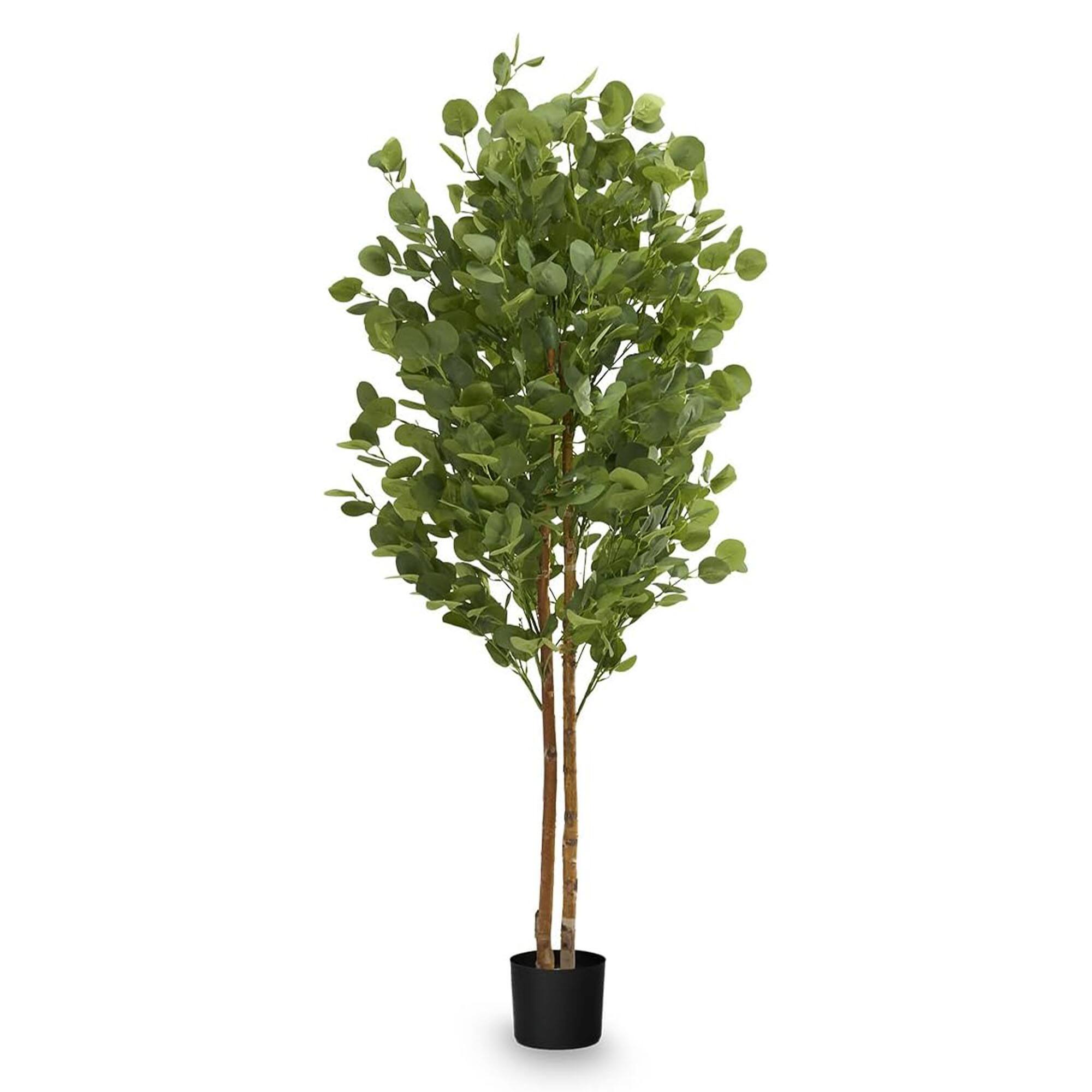 Maia Shop - Artificial Eucalyptus Tree 5' Tall, Fake Tree with Natural Wood Trunk - Green