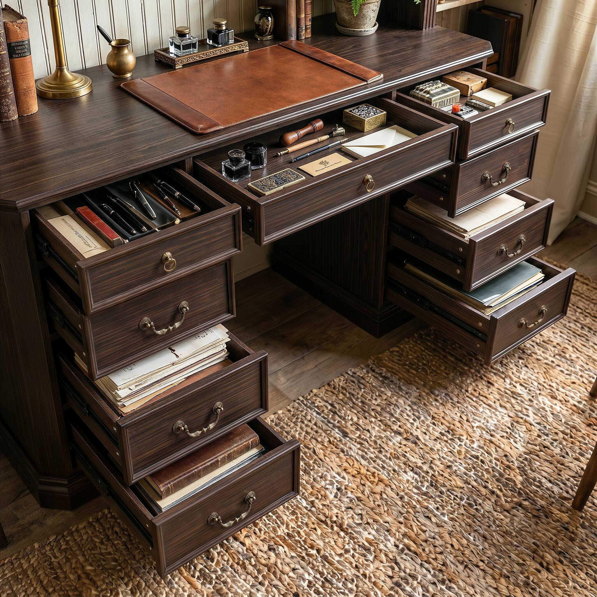 Alt View 8. Famapy - Bookcase Desk with Hutch & Drawers, Large Computer Desk with Arched Shelves for Home Library Student Writing Station - Dark Brown.