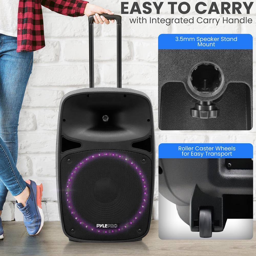EASY TO CARRY  
with Integrated Carry Handle  

3.5mm Speaker Stand Mount  

Roller Caster Wheels for Easy Transport  

PYLE PRO