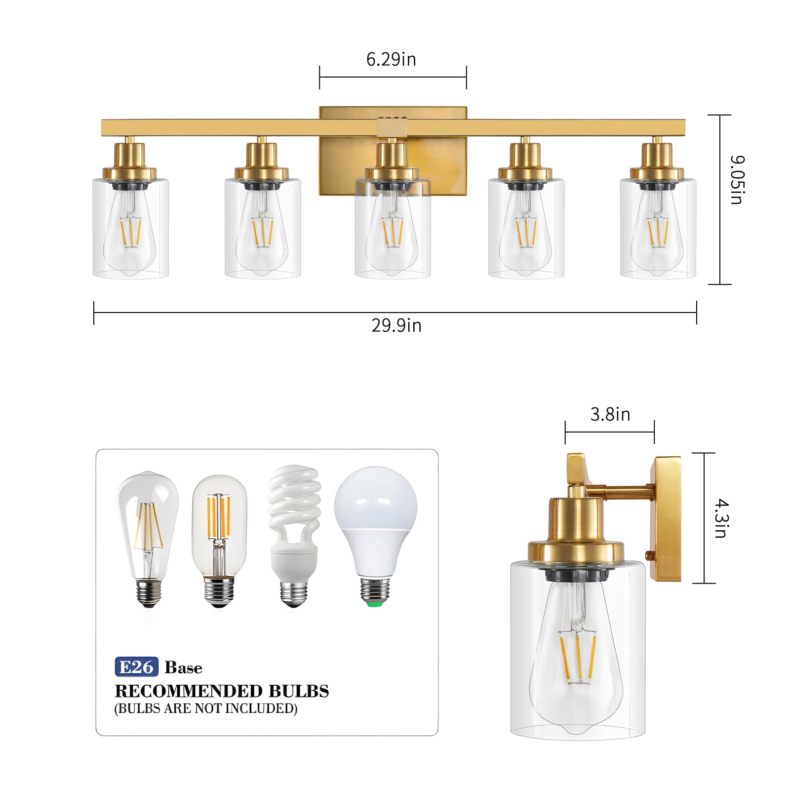6.29in  
9.05in  
29.9in  
3.8in  
4.3in  

E26 Base  
RECOMMENDED BULBS (BULBS ARE NOT INCLUDED)