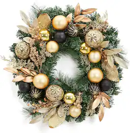 GARVEE - 22" Pre-Lit Christmas Wreath for Front Door, Battery Operated Xmas Wreath, Gold Leaves, Berries & Ball Ornaments - Green
