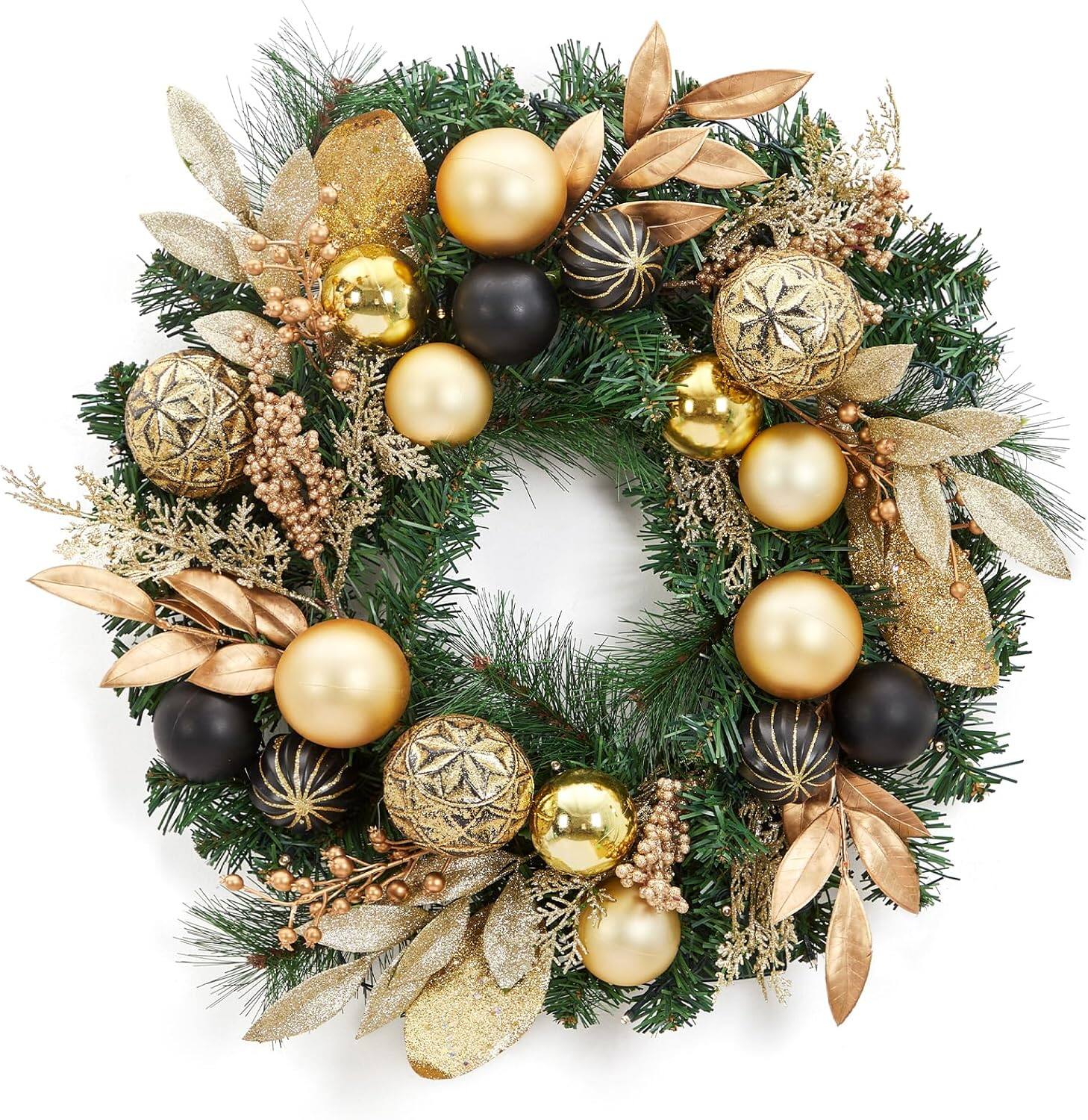 GARVEE - 22" Pre-Lit Christmas Wreath for Front Door, Battery Operated Xmas Wreath, Gold Leaves, Berries & Ball Ornaments - Green