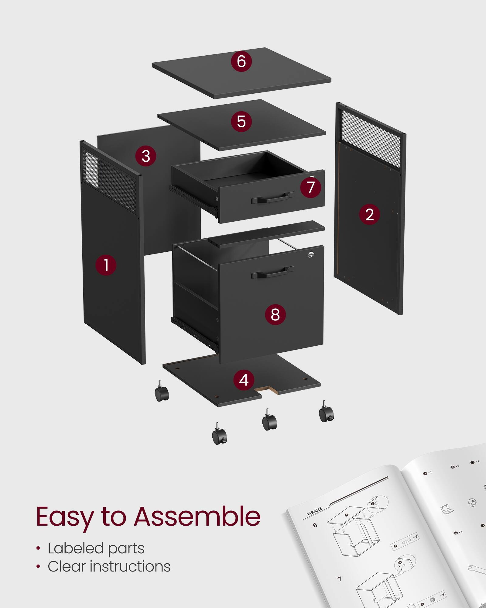 Easy to Assemble  
Labeled parts  
Clear instructions  

6 5 3 7 2 1 8 4