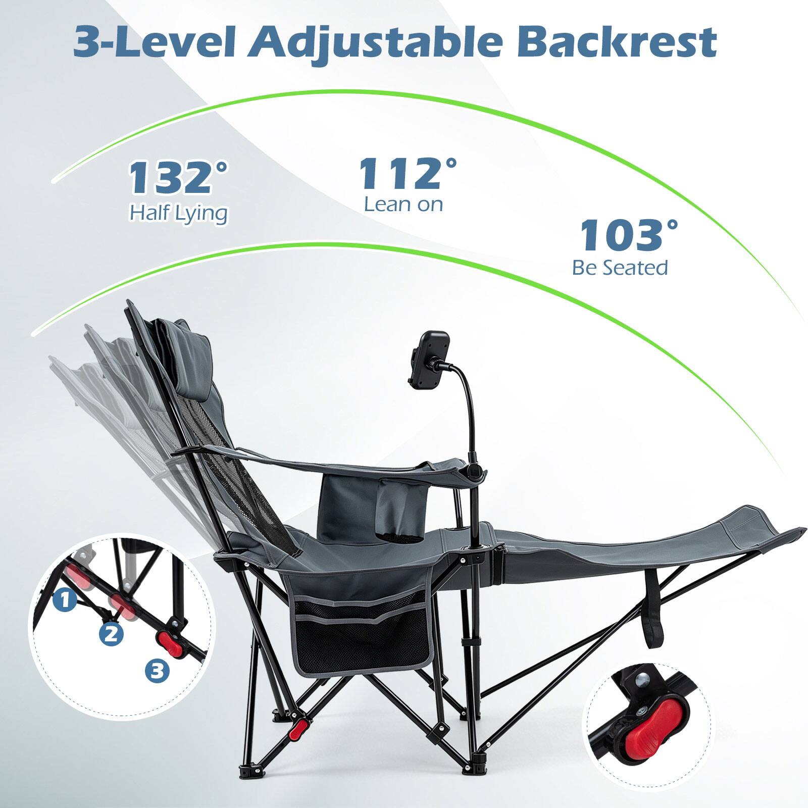 3-Level Adjustable Backrest

132° Half Lying

112° Lean on

103° Be Seated