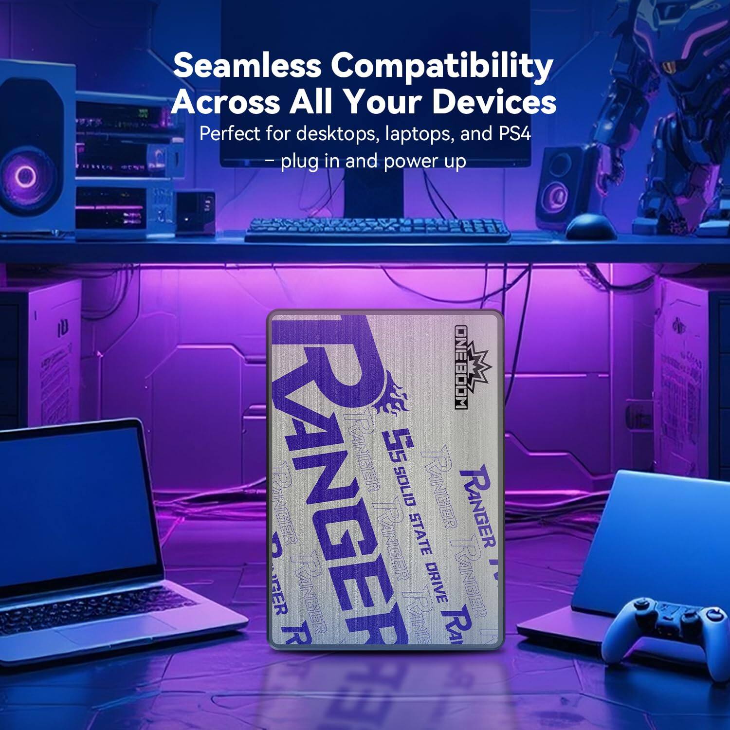 Seamless Compatibility Across All Your Devices  
Perfect for desktops, laptops, and PS4  
— plug in and power up  

ONEBOOM RANGER 55  
RANGER SOLID STATE DRIVE  
RANGER