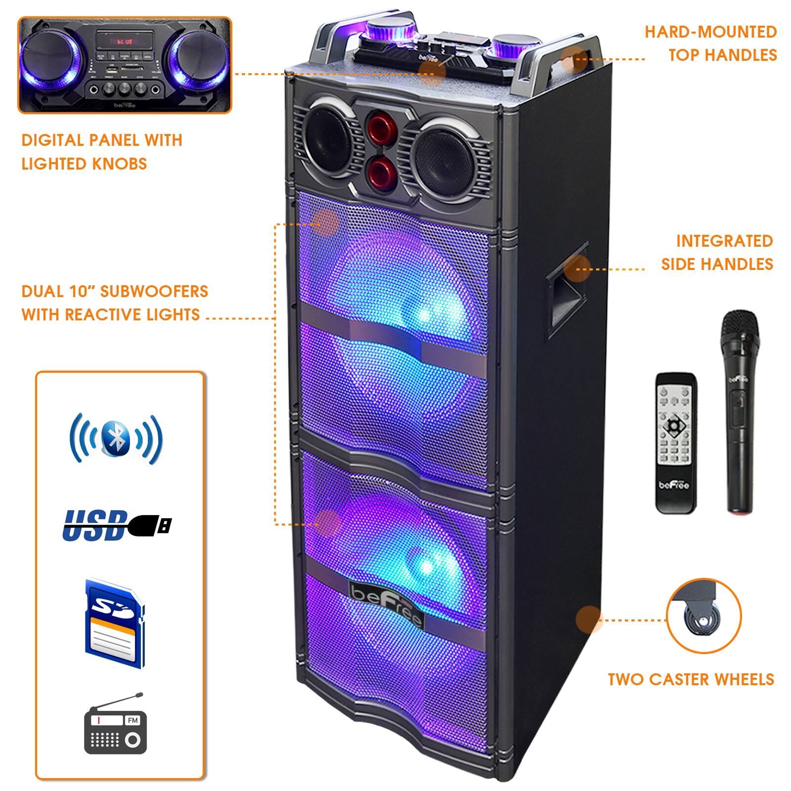 HARD-MOUNTED TOP HANDLES + DIGITAL PANEL WITH LIGHTED KNOBS INTEGRATED SIDE HANDLES DUAL 10" SUBWOOFERS WITH REACTIVE LIGHTS boFree TWO CASTER WHEELS FM