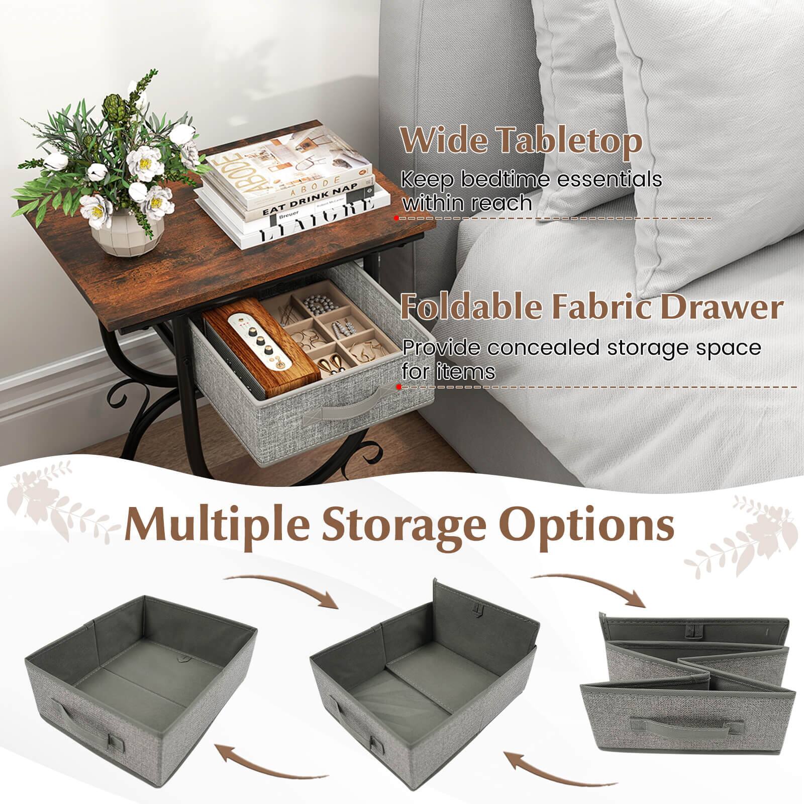 Wide Tabletop: ABODE AROOE DRINK NAY E within Keep bedtime reach essentials EAT - DAGH OR Foldable Fabric Drawer Provide concealed storage space for items Multiple Storage Options
