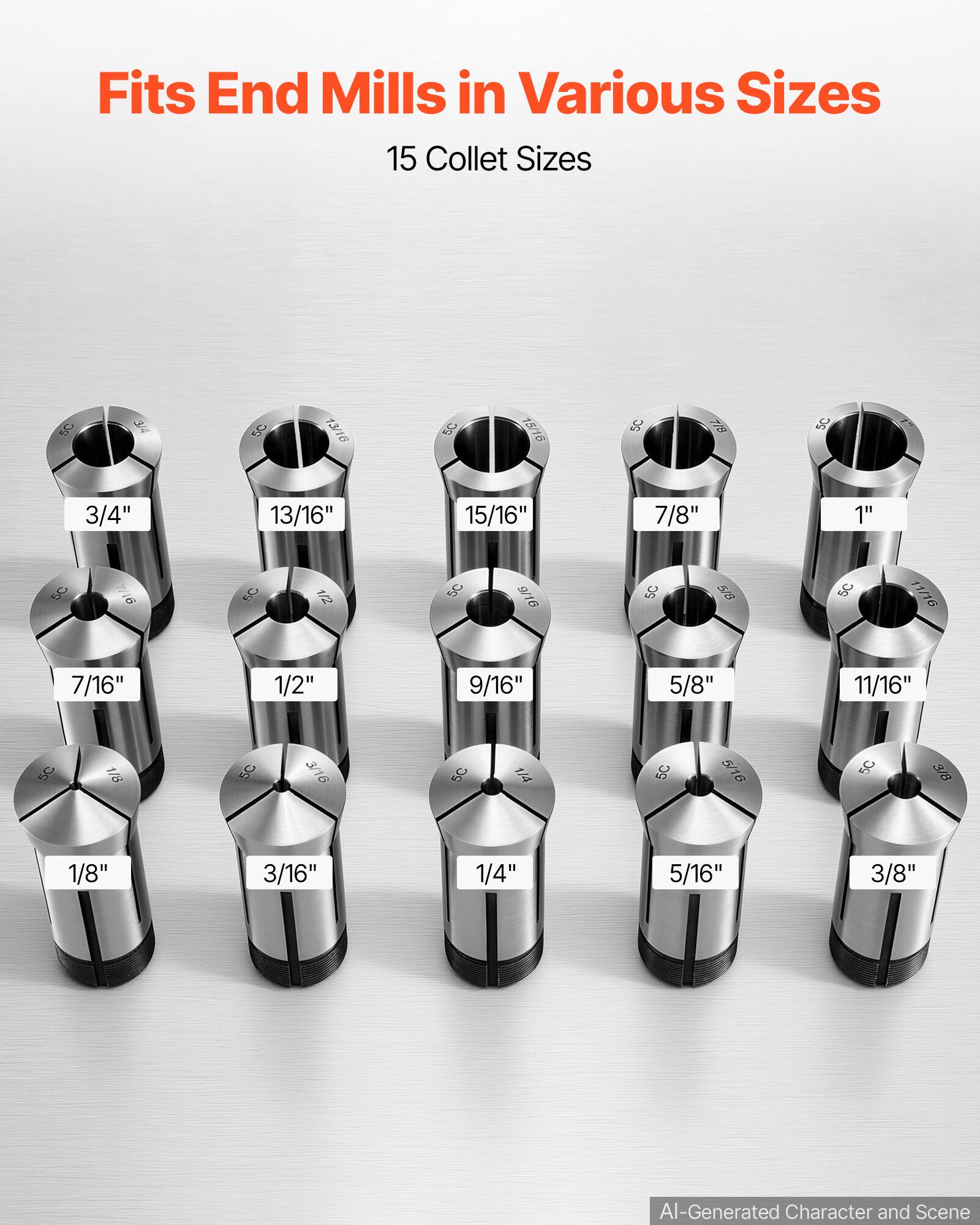 Fits End Mills in Various Sizes  
15 Collet Sizes  

SC  
3/4  
5C  
13/16  
5C  
15/16  
SC  
7/8  
5C  
3/4"  
13/16"  
15/16"  
7/8"  
1"  
5C  
6  
5C  
1/2  
5C  
9/16  
5C  
5/8  
SC  
11/16  
7/16"  
1/2"  
9/16"  
5/8"  
11/16"  
5C  
1/8  
5C  
3/16  
5C  
1/4  
5C  
5/16  
5C  
3/8  
1/8"  
3/16"  
1/4"  
5/16"  
3/8"