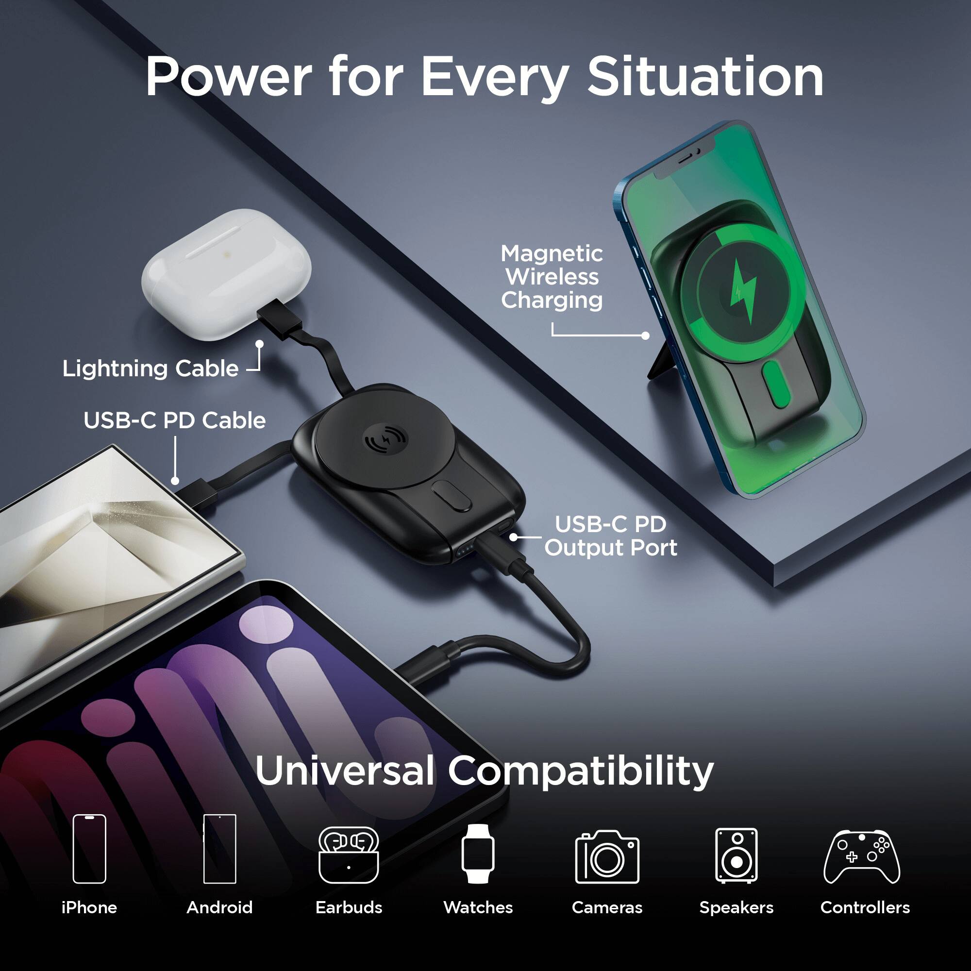 Power for Every Situation  
Magnetic Wireless Charging  
Lightning Cable  
USB-C PD Cable  
USB-C PD Output Port  
Universal Compatibility  
iPhone  
Android  
Earbuds  
Watches  
Cameras  
Speakers  
Controllers