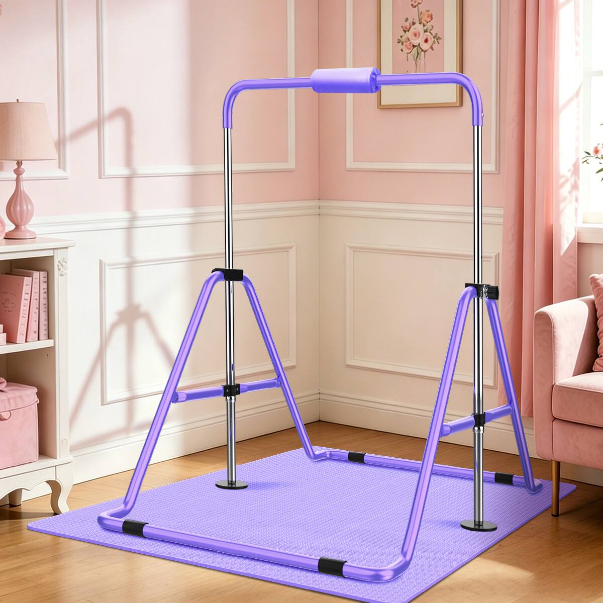 Angle. Ainfox - Ainfox Gymnastics Bar with Mat, Foldable Gymnastics Horizontal Bar Adjustable Height, Gymnastic Training Bar - Pink.