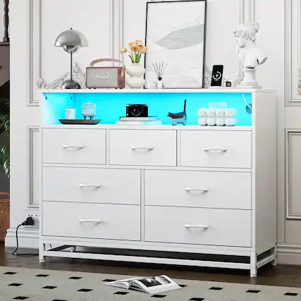 Front. GARVEE - White 7-Drawer Dresser for Bedroom, Long Wooden Chest with LED Light, Wide Storage Cabinet for Living Room - White.