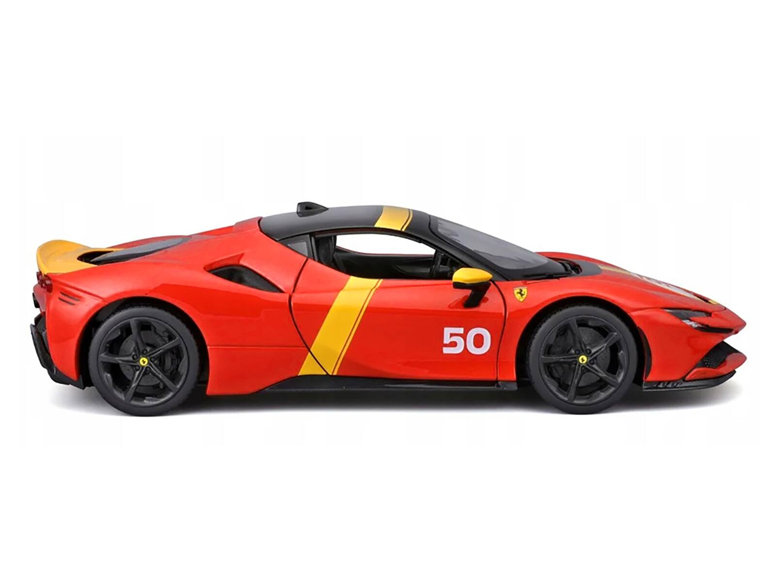 Left. Bburago - Ferrari SF90 Stradale Assetto Fiorano #50 Red with Black Top and Yellow Stripes "Race + Play" Series 1/18 Diecast - Multicolor.