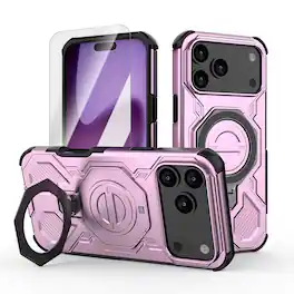 Dteck - Rugged Case for Apple iPhone 17 Pro Max with Screen Protector, Magnetic Shockproof Cover Built-in Metal Kickstand - Pink
