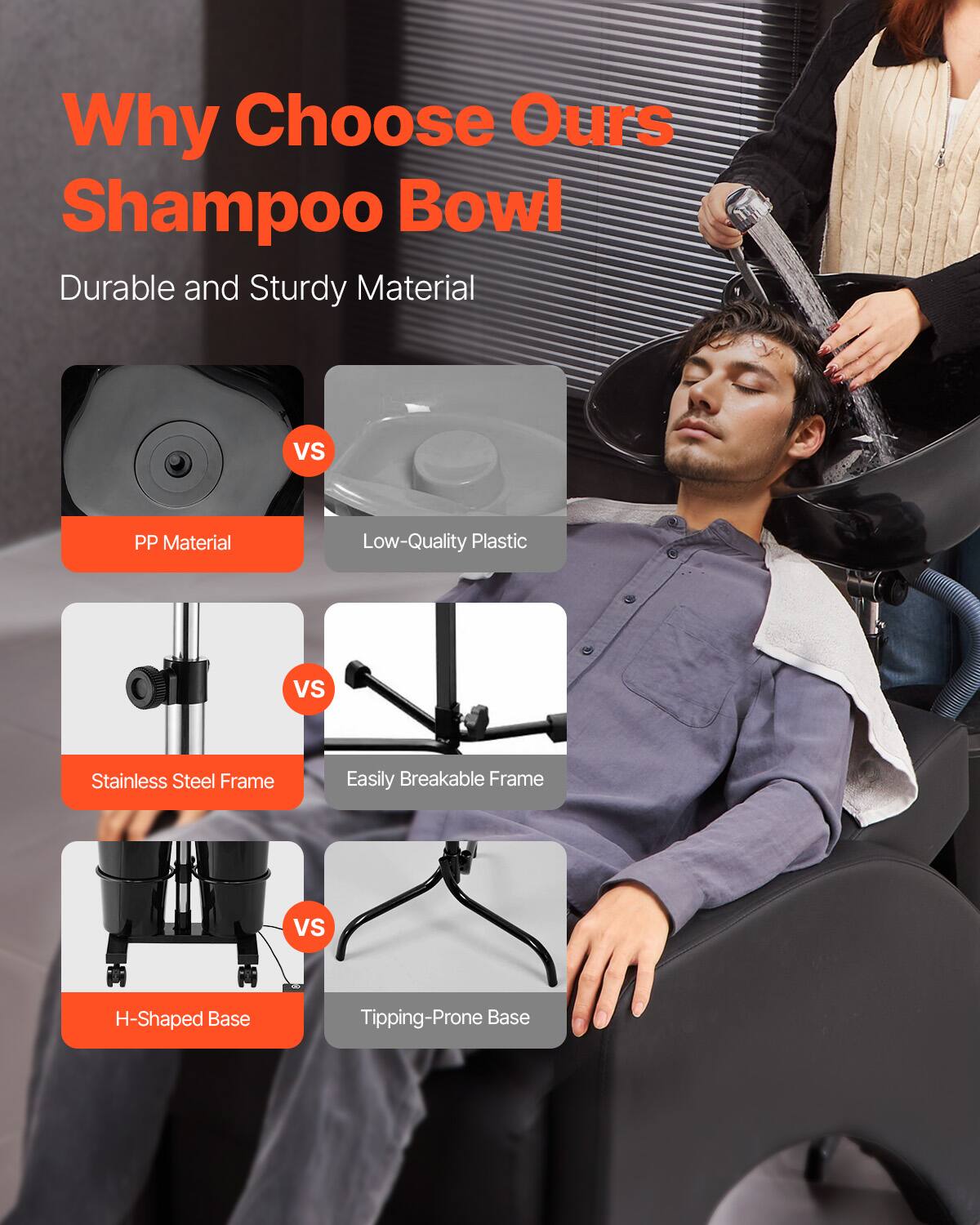 Why Choose Ours Shampoo Bowl

Durable and Sturdy Material

- PP Material
  VS
  Low-Quality Plastic

- Stainless Steel Frame
  VS
  Easily Breakable Frame

- H-Shaped Base
  VS
  Tipping-Prone Base