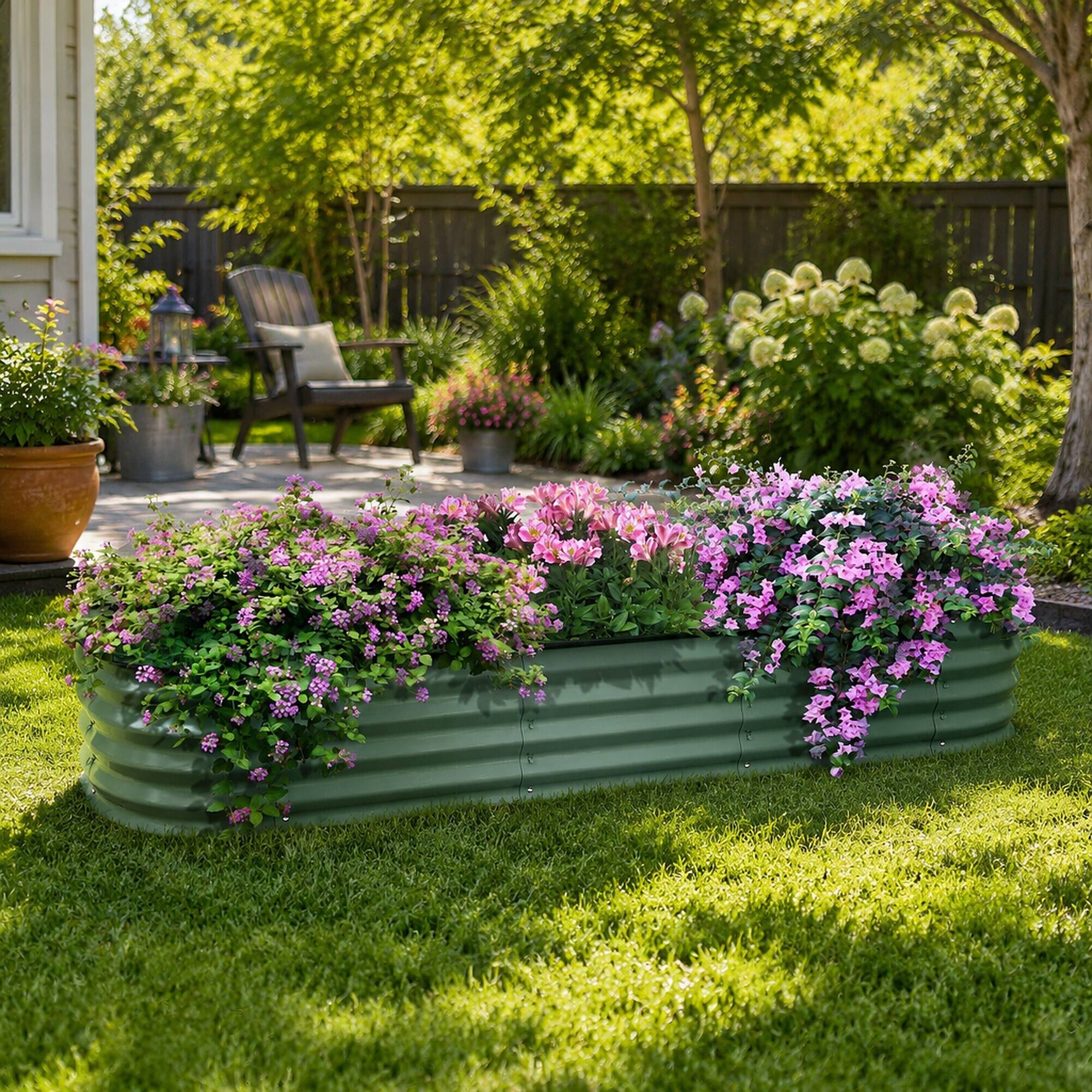 Alt View 2. RYHNUYNE - Galvanized Raised Garden Bed Kit 6.4x2x1 ft Outdoor Metal Planter Box with Safety Edging for Vegetables Flowers - Green.