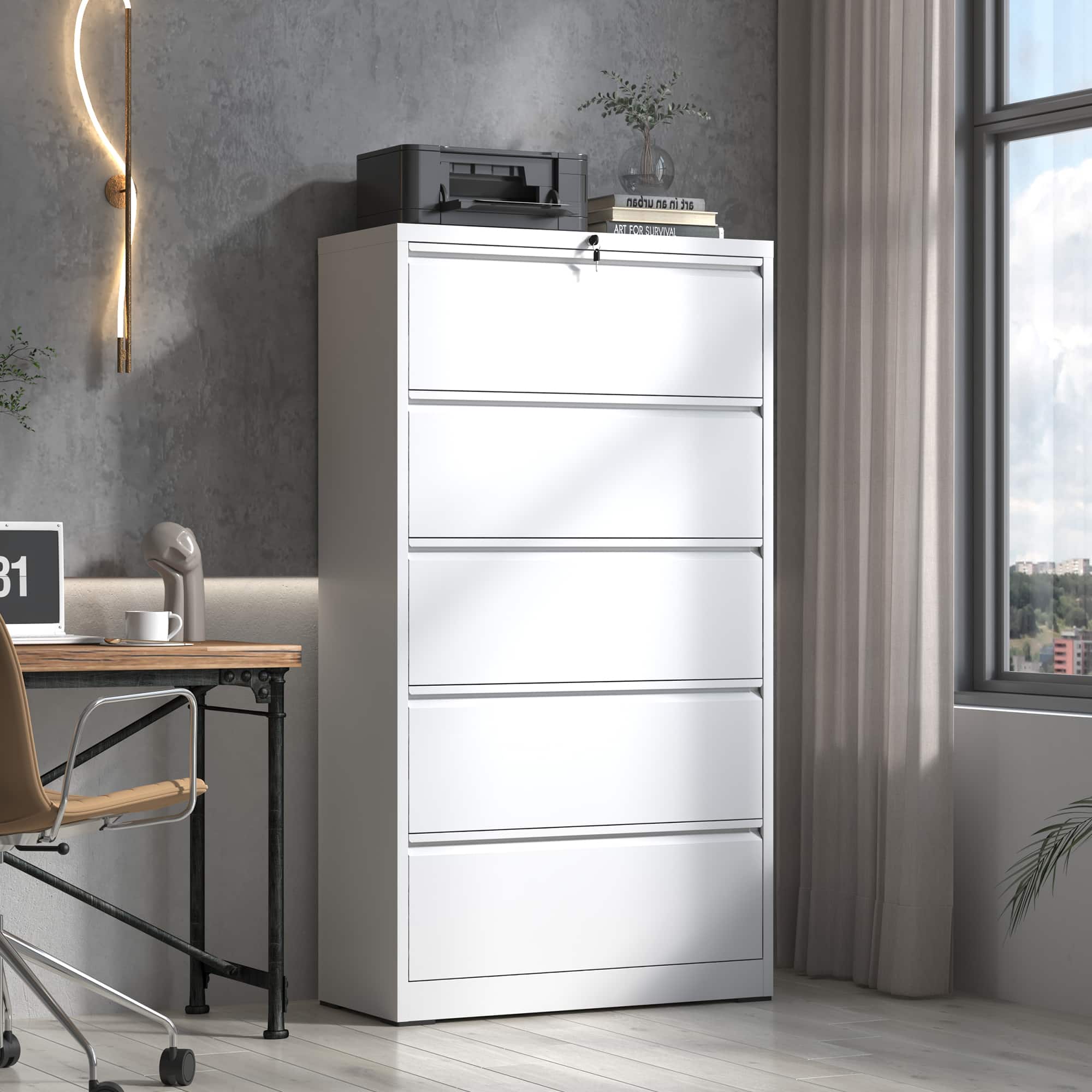 Anysun - High-Security Steel Lateral File Cabinet with Lock and Slide Quiet Design Drawers - White