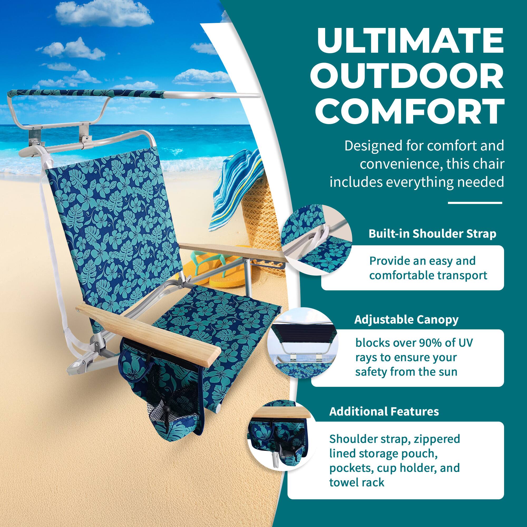 ULTIMATE OUTDOOR COMFORT

Designed for comfort and convenience, this chair includes everything needed

- Built-in Shoulder Strap
  - Provide an easy and comfortable transport

- Adjustable Canopy
  - blocks over 90% of UV rays to ensure your safety from the sun

- Additional Features
  - Shoulder strap, zippered lined storage pouch, pockets, cup holder, and towel rack